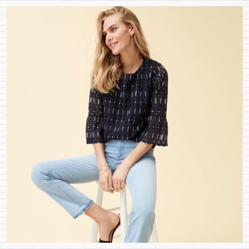 Loft Navy Lace Metallic Crochet Bell Sleeve Blouse - Picture 6 of 12